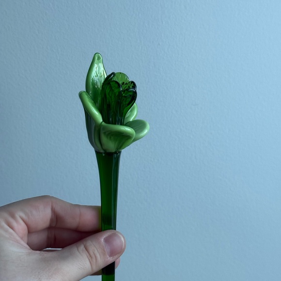1 Murano Style Blown Glass Green Daffodil Flower Long Stem Floral Decor Gift - Picture 7 of 15